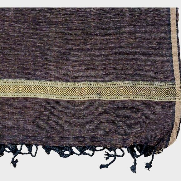New Hand Wowen Chocolate Brown Fringed Shawl Throw With Gold Trim 49" x 88" - Picture 5 of 7